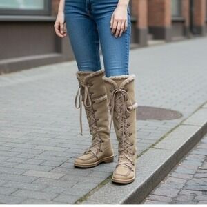 Cole Haan Tan Leather Shearling Lined Tall Lace Up Boots Zip Scalloped Trim W7.5